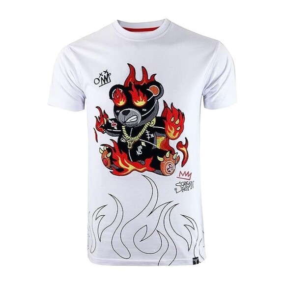 Screenshot Men's Puffy Chenille Fleece Bling Fire Bear Embroidery T-Shirt M - Picture 1 of 5